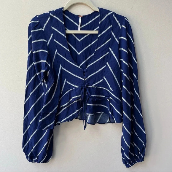 Free People Samifran Ruffle Peplum Cropped Top Blue White Stripes Size S - Picture 5 of 8